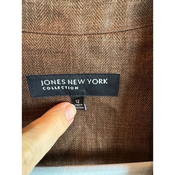 JONES NEW YORK linen brown solid herringbone open front jacket blazer size 12 - Picture 2 of 9